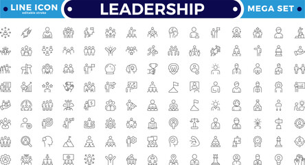 Leadership outline icon set. Containing leader, vision, guidance, mentorship, coaching, influence, charisma, challenge, lead, Motivation, Goal, Career, Mountain Peak. Editable stroke outline icon. 
