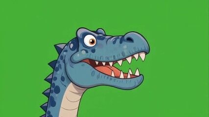 A cartoon dinosaur head—blue skin, dark spots, sharp teeth, yellow eye—set against green—evoking playful ferocity, childhood wonder, and the choreography of prehistoric imagination. - Powered by Adobe