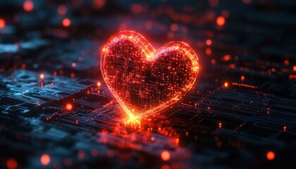 Glowing red digital heart shape with circuitry patterns on dark futuristic motherboard background emitting light sparks