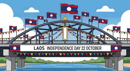 Laos Independence Day Celebration: Bridge with Flags and Bunting