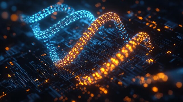 Glowing digital waveforms in blue and orange colors over a dark circuit board illustrating advanced technology and data flow