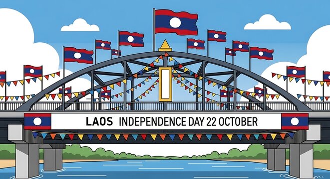 Laos Independence Day Celebration: Bridge with Flags and Bunting - Powered by Adobe