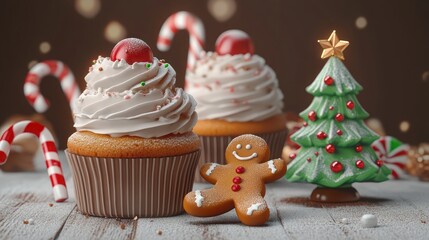Festive cupcakes with white frosting and red cherry toppings, decorated gingerbread man cookie, small Christmas tree figurine and candy canes on rustic wooden table