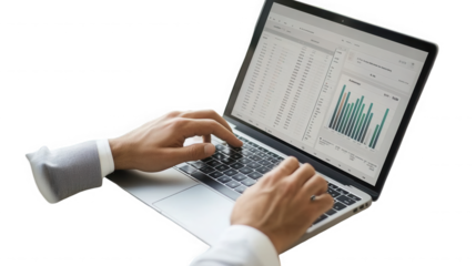 A person typing on a laptop with a spreadsheet and a bar graph displayed on the screen in detail on transparent background