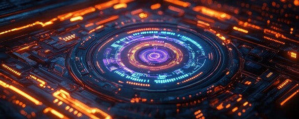 Futuristic glowing circular digital interface with neon blue and orange light patterns on a dark technological background
