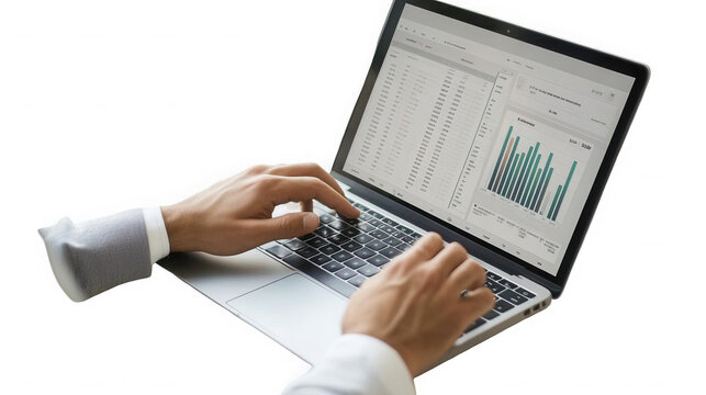 A person typing on a laptop with a spreadsheet and a bar graph displayed on the screen in detail on transparent background