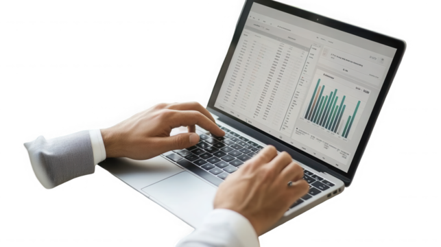 A person typing on a laptop with a spreadsheet and a bar graph displayed on the screen in detail on transparent background