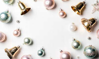 Elegant Holiday Ornaments and Bells Scattered on White Surface