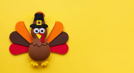 Fototapeta premium A cute, cartoonish Thanksgiving turkey craft with colorful feathers and a pilgrim hat on a bright yellow background.