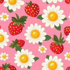 Fototapeta premium Seamless pattern of large white daisies with yellow centers and bright red strawberries with green leaves on a pink background, cheerful and vibrant design