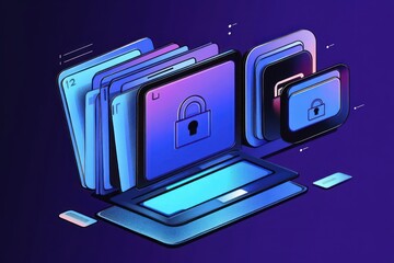 Digital illustration of a laptop surrounded by multiple floating screens and windows displaying padlock icons symbolizing cybersecurity and data protection.
