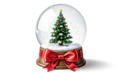 Festive Christmas Snow Globe with Decorated Tree and Red Bow