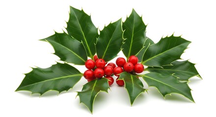Festive Holly Branch with Red Berries Isolated on White Background