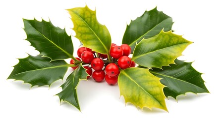 Festive Holly Branch with Red Berries and Green Leaves isolated