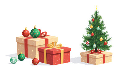 Festive Christmas Tree and Gifts with Ornaments on White Background