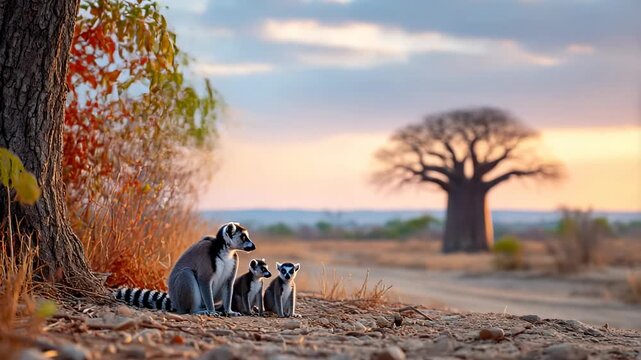 Ring-tailed lemurs at sunset (1)