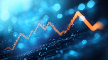 Glowing orange fluctuating line graph overlaying a blurred blue digital background with bokeh light effects conveying data trends and analytics