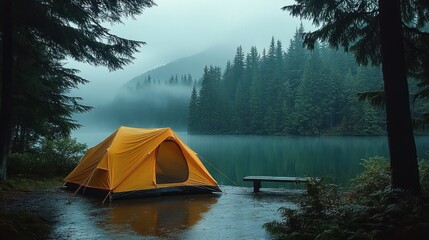 Orange camping tent set up on wet ground near serene lake surrounded by evergreen trees and misty forest landscape under overcast sky