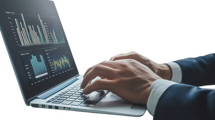 Person typing on laptop with data charts displayed on screen in a dark setting environment view on transparent background