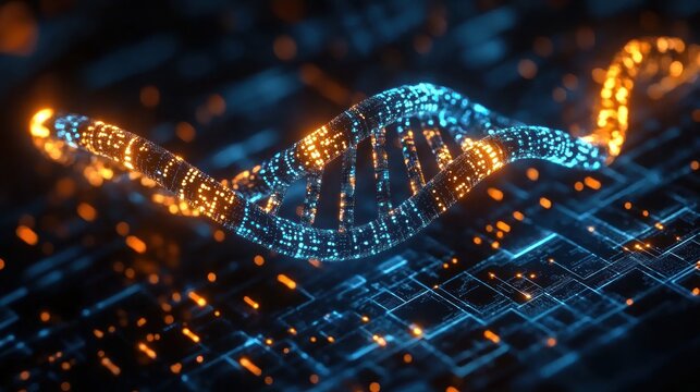 Glowing digital representation of a DNA double helix with bright blue and orange lights hovering over a circuit board background, symbolizing technology and genetics fusion