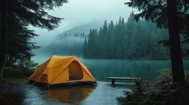 Orange camping tent set up on wet ground near serene lake surrounded by evergreen trees and misty forest landscape under overcast sky
