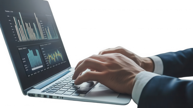 Person typing on laptop with data charts displayed on screen in a dark setting environment view on transparent background
