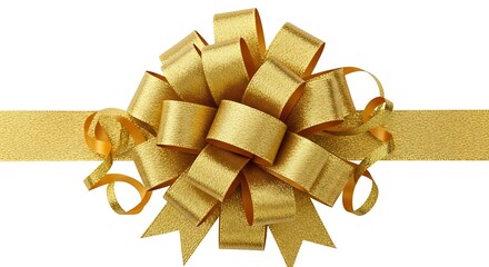 Golden ribbon bow for gifts and celebrations on white background