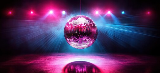 Disco ball illuminated by vibrant pink and blue spotlights casting colorful reflections on the dance floor with a smoky background creating a lively party atmosphere