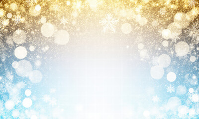 Golden and Blue Bokeh Snowfall and Snowflakes Background