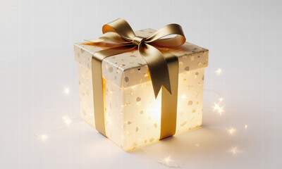 Glowing Gift Box with Golden Ribbon and Sparking Lights