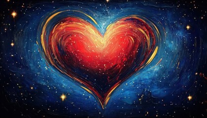 vivid red heart shape swirling in a vibrant blue star-filled cosmic background conveying warmth and love