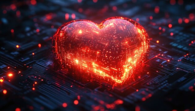 Glowing red digital heart made of illuminated circuitry on a dark futuristic circuit board background conveying technology and emotion