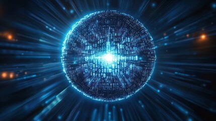 Glowing digital sphere composed of streaming binary code with radiant light and futuristic data particles in a dark space