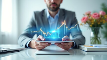 Investing Analytics Executive Analyzing Stock Market Data with Tablet Technology