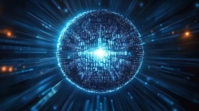 Glowing digital sphere composed of streaming binary code with radiant light and futuristic data particles in a dark space