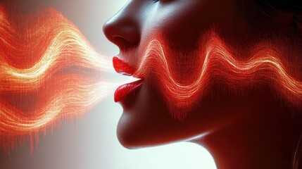 Close-up of a woman's lips emitting glowing orange and red sound waves or light waves from her mouth against a dark background, creating a dynamic and futuristic effect