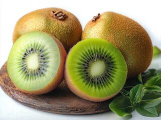 Fototapeta premium Fresh whole and halved kiwifruits showing vibrant green interior with seeds on a wooden board with green leaves
