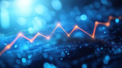 Glowing orange zigzag line graph rising on blurred digital blue background with light bokeh effects symbolizing data trends
