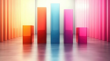 Colorful 3D bar chart with five translucent rectangular bars in orange, red, blue, pink, and purple shades on reflective floor with gradient background