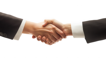 Close up of two people in suits shaking hands against a black background in a business setting on transparent background