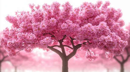 Obraz premium Majestic tree covered in dense pink blossoms with a sturdy brown trunk, standing prominently with soft blurred background of similar flowering trees, evoking tranquility and beauty