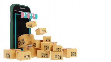 3d rendering of Pile of carton boxes and store on a smartphone, Online business symbol