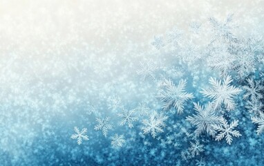 Delicate snowflakes of varying sizes gently falling over a soft gradient background transitioning from deep blue to light cream, evoking a peaceful winter atmosphere