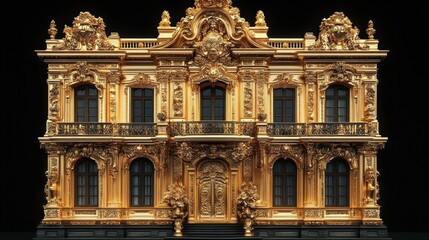 Obraz premium ornate golden baroque building facade with intricate carvings, decorated doors, arched windows, and floral sculptures against black background