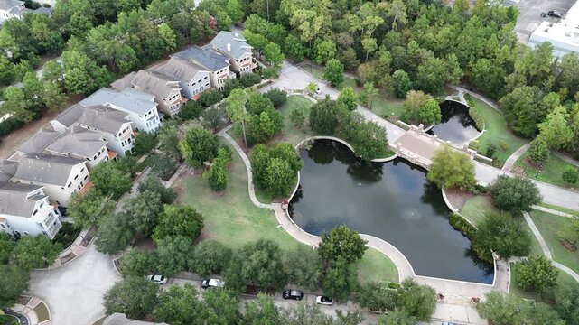 Aerial view of luxury houses  next to a small park, Woodlands, Houston, Texas, USA