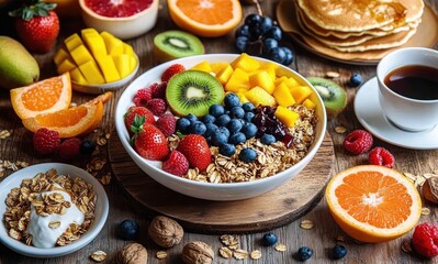 Colorful healthy breakfast bowl with granola, fresh strawberries, raspberries, blueberries, mango, kiwi, orange slices, pancakes, walnuts, and a cup of tea on rustic wooden table