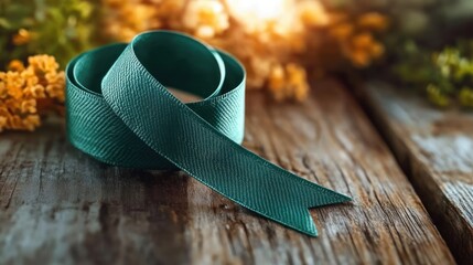 Close-up of teal green ribbon curled on rustic wooden surface with blurred yellow flowers and warm sunlight in background evoking calm and natural mood