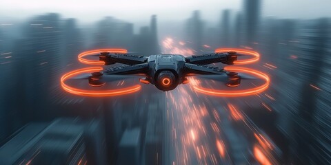 Futuristic black quadcopter drone with glowing orange propeller rings flying over a blurred cityscape at dusk creating dynamic motion and energy