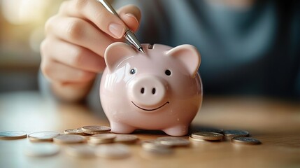 Close-up of a hand placing a coin into a smiling pink ceramic piggy bank surrounded by coins on a wooden surface, symbolizing savings and financial planning