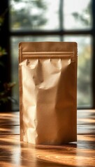 Brown kraft paper stand-up pouch on wooden table with blurred window background in soft natural light